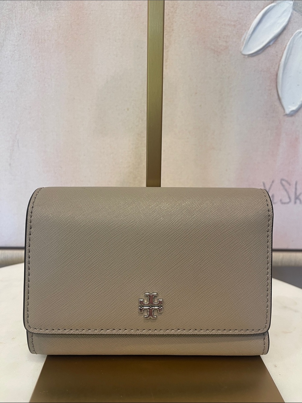 Tory Burch Taupe Trifold Wallet with Logo